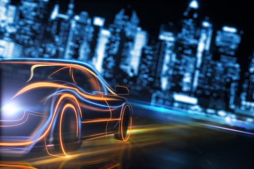 Creative glowing digital car on blurry night city background. Transport and design journey. 3D Rendering
